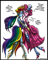 Size: 800x1000 | Tagged: safe, artist:shannonandklara, derpibooru import, pinkie pie, rainbow dash, human, clothes, dialogue, dress, female, gala dress, humanized, lesbian, pinkiedash, pony coloring, porn dialogue, shipping, socks, striped socks, unusual euphemism