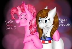 Size: 600x412 | Tagged: safe, artist:freedomnshit, pinkie pie, oc, oc:colonial dawn, earth pony, pony, duo, female, mare