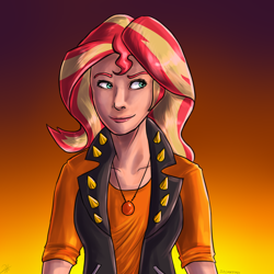 Size: 2000x2000 | Tagged: safe, artist:shimazun, sunset shimmer, human, better together, equestria girls, clothes, female, geode of empathy, humanized, shirt, smiling, solo, vest