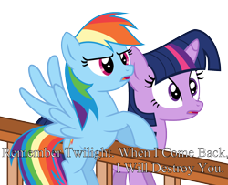 Size: 1600x1300 | Tagged: safe, artist:s.guri, derpibooru import, rainbow dash, twilight sparkle, pegasus, pony, death threat, simple background, subtitles, threat, transparent background, vector