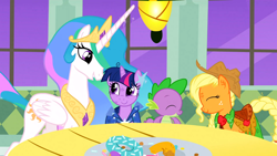 Size: 1366x768 | Tagged: safe, screencap, applejack, princess celestia, spike, twilight sparkle, alicorn, dragon, earth pony, pony, the best night ever