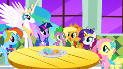 Size: 1366x768 | Tagged: safe, screencap, applejack, fluttershy, princess celestia, rainbow dash, rarity, spike, twilight sparkle, alicorn, dragon, earth pony, pegasus, pony, unicorn, the best night ever, donut, green eyes, table