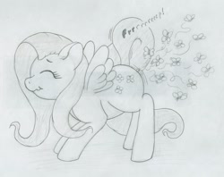 Size: 1280x1014 | Tagged: safe, artist:ratwhiskers, fluttershy, butterfly, pegasus, pony, fart, fart noise, monochrome, onomatopoeia, solo, sound effects, traditional art, wat