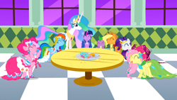 Size: 1366x768 | Tagged: safe, screencap, applejack, fluttershy, pinkie pie, princess celestia, rainbow dash, rarity, spike, twilight sparkle, alicorn, dragon, earth pony, pegasus, pony, unicorn, the best night ever, mane six