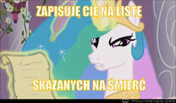 Size: 700x409 | Tagged: safe, edit, edited screencap, screencap, princess celestia, alicorn, pony, the crystal empire, bitchlestia, female, list, mare, meme, polish, ponymemes, solo, text, translated in the description, you failed the test twilight