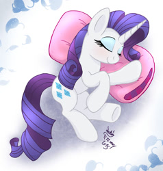 Size: 1140x1200 | Tagged: safe, artist:joakaha, rarity, pony, unicorn, bed, eyes closed, pillow, sleeping, smiling, solo, underhoof