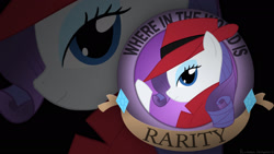 Size: 1920x1080 | Tagged: safe, artist:piconano, rarity, pony, unicorn, rarity investigates, carmen sandiego, clothes, hat, hilarious in hindsight, looking at you, signature, solo, text