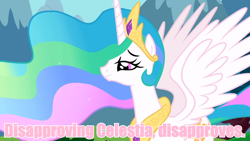 Size: 640x360 | Tagged: safe, princess celestia, alicorn, pony, image macro, meme, pink text, solo