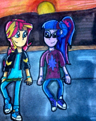 Size: 400x507 | Tagged: safe, artist:olgasot12, sci-twi, sunset shimmer, twilight sparkle, equestria girls, alternate costumes, contest entry, converse, female, lesbian, looking at each other, scitwishimmer, shipping, shoes, sunset, sunsetsparkle, traditional art