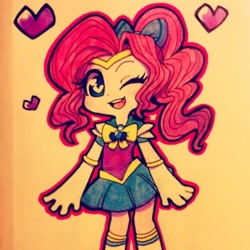 Size: 500x500 | Tagged: safe, artist:lolopan, pinkie pie, human, clothes, humanized, palindrome get, sailor moon, solo, traditional art