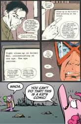 Size: 374x571 | Tagged: safe, artist:andypriceart, artist:charles truog, edit, idw, pinkie pie, spike, dragon, earth pony, pony, spoiler:comic, animal man, comic, computer, cosmic awareness, deus ex machina, fourth wall, grant morrison, meta, spoilers for another series, this is a kid's comic, untranslatable scottish accent man