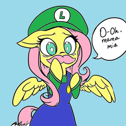 Size: 1024x1024 | Tagged: safe, artist:gildor, artist:ryephoenix, edit, fluttershy, pegasus, pony, bipedal, blushing, clothes, colored, cute, edited by gildor, floppy ears, luigi, moustache, overalls, simple background, solo, spread wings, super mario bros., surprised, warfstache, wide eyes