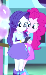 Size: 434x695 | Tagged: safe, pinkie pie, rarity, equestria girls, cute, female, hug, lesbian, raribetes, raripie, shipping, smiling, tablet