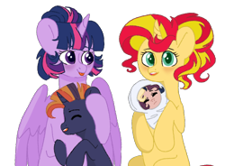 Size: 828x610 | Tagged: safe, artist:fioweress, sunset shimmer, twilight sparkle, twilight sparkle (alicorn), oc, oc:antares, oc:muscida, alicorn, alternate hairstyle, cute, eyes closed, family, female, hug, lesbian, magical lesbian spawn, offspring, parent:sunset shimmer, parent:twilight sparkle, parents:sunsetsparkle, shipping, simple background, sleeping, sunsetsparkle, tongue out, transparent background, twiabetes