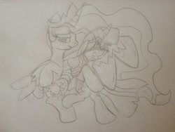 Size: 2046x1542 | Tagged: artist needed, safe, princess celestia, twilight sparkle, twilight sparkle (alicorn), alicorn, pony, bedroom eyes, female, hug, mare, monochrome, spread wings, traditional art