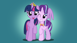 Size: 5742x3230 | Tagged: safe, artist:jhayarr23, starlight glimmer, twilight sparkle, twilight sparkle (alicorn), alicorn, pony, unicorn, father knows beast, crown, cute, duo, duo female, equestrian pink heart of courage, female, glimmerbetes, hug, jewelry, new crown, regalia, simple background, twiabetes, winghug