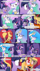 Size: 1080x1920 | Tagged: safe, artist:jase1505, princess celestia, sci-twi, sunset shimmer, twilight sparkle, twilight sparkle (alicorn), alicorn, pony, comic:night at the gala, series:sunlight horizons, comic, crying, female, freakout, lesbian, panic attack, sad, scitwishimmer, shipping, sunsetsparkle, unicorn sci-twi