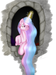 Size: 720x960 | Tagged: safe, artist:alanaala, princess celestia, alicorn, pony, magic, smiling, solo, window