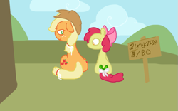 Size: 871x544 | Tagged: safe, artist:the weaver, apple bloom, applejack, earth pony, pony, implied prostitution, sign, tail bow