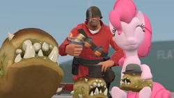 Size: 1192x670 | Tagged: safe, artist:fezwearingdoctor, pinkie pie, earth pony, pony, 3d, bread, bread monster, bucket, gmod, hat, soldier, team fortress 2, teleporter, this will end in tears, this will end in tears and/or death