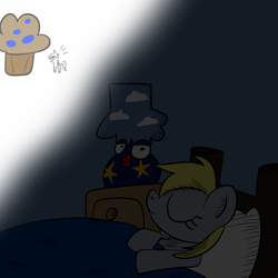 Size: 2000x2000 | Tagged: safe, artist:saveraedae, derpy hooves, pegasus, pony, don't hug me i'm scared, dream, female, food, lamp, mare, muffin, newbie artist training grounds, sleeping, solo