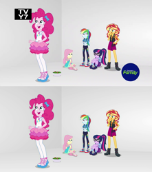 Size: 955x1078 | Tagged: safe, derpibooru import, screencap, fluttershy, pinkie pie, rainbow dash, sci-twi, sunset shimmer, twilight sparkle, better together, equestria girls, rollercoaster of friendship, animated, breaking the fourth wall, comparison, converse, discovery family logo, food, fourth wall, geode of sugar bombs, reversed, salad, shoes, smiling, tv rating, tv-y7