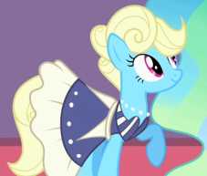 Size: 227x193 | Tagged: safe, screencap, eclair créme, princess celestia, alicorn, earth pony, pony, the best night ever, blue coat, clothes, dress, female, gala dress, jewelry, mare, necklace, picture for breezies, raised hoof, raised leg, smiling, yellow mane, yellow tail