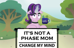 Size: 1024x662 | Tagged: safe, artist:aleximusprime, edit, starlight glimmer, pony, unicorn, blatant lies, bush, change my mind, coffee mug, crossing the memes, female, flower, glowing horn, goth, horn, i mean i see, it's not a phase, levitation, magic, mare, meme, mug, multicolored mane, pink coat, sign, signature, sitting, solo, table, telekinesis, text, tree