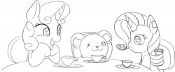 Size: 1280x532 | Tagged: safe, artist:mcsadat, rarity, sweetie belle, pony, unicorn, lineart, monochrome, plushie, solo, tea party, teddy bear