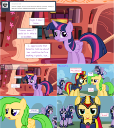 Size: 1284x1444 | Tagged: safe, artist:hakunohamikage, sunset shimmer, twilight sparkle, twilight sparkle (alicorn), oc, oc:cloudy paint, alicorn, pegasus, pony, armor, ask, ask-princesssparkle, dusk guard, female, golden oaks library, mare, sad, tumblr