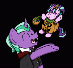 Size: 4287x3966 | Tagged: safe, artist:bobthedalek, firelight, starlight glimmer, pony, unicorn, black background, bobthedalek is trying to murder us, bucket, candy, cape, clothes, costume, cute, dracula, duo, father and child, father and daughter, female, filly, filly starlight glimmer, foal, food, glimmerbetes, halloween, hnnng, holiday, jack-o-lantern, jacket, male, nightmare night, parent and child, pumpkin, simple background, stallion, upsies, younger