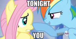 Size: 979x500 | Tagged: safe, derpibooru import, edit, edited screencap, screencap, fluttershy, rainbow dash, pegasus, pony, aqua teen hunger force, caption, hand banana, image macro, imminent rape, imminent sex, meme, tonight you