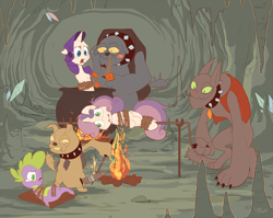 Size: 3500x2787 | Tagged: safe, artist:sony-shock, fido, rarity, rover, spike, spot, sweetie belle, diamond dog, dragon, pony, unicorn, bondage, bound, carrot, cauldron, cooked alive, cooking, fire, imminent vore, implied cannibalism, knife, literal spitroast, peril, pony as food, pot, rope, scared, sharpening, story in the source, teary eyes