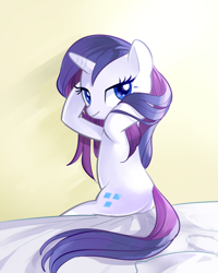 Size: 400x500 | Tagged: dead source, safe, artist:pan, rarity, pony, unicorn, alternate hairstyle, bed, looking back, loose hair, solo