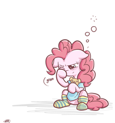 Size: 1400x1500 | Tagged: safe, artist:spikedmauler, pinkie pie, earth pony, pony, clothes, shirt, simple background, sitting, sleepy, socks, solo, striped socks, teddy bear