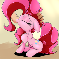 Size: 1280x1280 | Tagged: safe, artist:madacon, pinkie pie, earth pony, human, pony, cute, disembodied hand, eyes closed, female, hand, human shoulders, petting, smiling