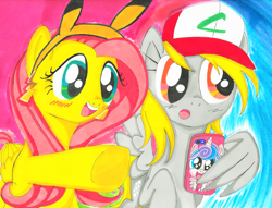 Size: 2162x1648 | Tagged: safe, artist:zephyrshy, derpy hooves, fluttershy, princess flurry heart, pegasus, pony, female, hat, mare, phone, pokémon, pokémon go, smartphone, wing hands