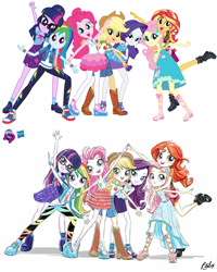 Size: 1080x1350 | Tagged: safe, artist:ritalux, derpibooru import, edit, applejack, fluttershy, pinkie pie, rainbow dash, rarity, sci-twi, sunset shimmer, twilight sparkle, better together, equestria girls, clothes, comparison, converse, cowboy hat, cute, dress, equestria girls prototype, feet, freckles, geode of empathy, geode of fauna, geode of shielding, geode of sugar bombs, geode of super speed, geode of super strength, geode of telekinesis, glasses, hasbro logo, hat, humane five, humane seven, humane six, lidded eyes, looking at you, magical geodes, official, official art, open mouth, pants, pantyhose, pose, promotional art, sandals, shoes, simple background, smiling, sneakers, stetson, white background