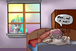 Size: 2632x1754 | Tagged: safe, artist:invection, princess celestia, oc, oc:dawn, alicorn, pony, satyr, bed, daughter, female, mare, morning, mother, parent:princess celestia, rude, speech bubble, sun, waking up