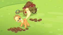 Size: 1920x1080 | Tagged: safe, screencap, applejack, earth pony, pony, rainbow falls, apple brown betty (food), cart, female, mare, out of context, plot, presenting, raised tail, solo