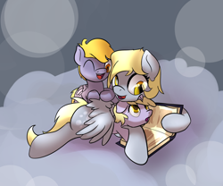 Size: 1080x900 | Tagged: safe, artist:klemm, crackle pop, derpy hooves, dinky hooves, pegasus, pony, book, equestria's best mother, female, mare, mother and child, mother and daughter, newbie artist training grounds, parent and child, reading, siblings