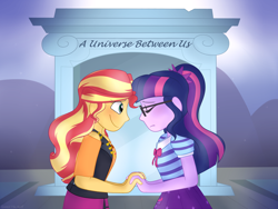 Size: 2666x2000 | Tagged: safe, artist:dubsrewatcher, artist:sunsetslight, sci-twi, sunset shimmer, twilight sparkle, better together, equestria girls, eyes closed, fanfic, fanfic art, female, holding hands, lesbian, scitwishimmer, shipping, smiling, sunsetsparkle