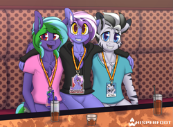Size: 1367x1000 | Tagged: safe, artist:dripponi, artist:marsminer, artist:whisperfoot, derpibooru exclusive, derpibooru import, oc, oc only, oc:berry frost, oc:kona, oc:weldbead, anthro, earth pony, pegasus, zebra, alcohol, badge, blushing, booth, bottomless, bronycon, bronycon 2019, butt freckles, chest fluff, chest freckles, clothes, female, freckles, grin, hand, happy, hoodie, hug, ice, lanyard, long mane, looking at you, male, mare, multicolored hair, partial nudity, restaurant, shirt, sitting, smiling, stallion, straw, t-shirt, trio, whiskey