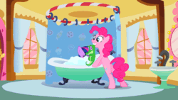 Size: 960x540 | Tagged: safe, derpibooru import, screencap, gummy, pinkie pie, twilight sparkle, earth pony, pony, feeling pinkie keen, animated, bath, bathroom, bathtub, behaving like a cat, bipedal leaning, grin, gritted teeth, mouth hold, pinkie cat, pointing, scared, screaming, scruff, smiling, talking, twilight cat, wet, wet mane