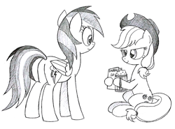 Size: 1007x746 | Tagged: safe, artist:hyolark, derpibooru import, applejack, daring do, rainbow dash, earth pony, pegasus, pony, apple cider, book, monochrome, traditional art