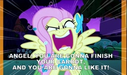 Size: 819x481 | Tagged: safe, edit, edited screencap, screencap, angel bunny, fluttershy, pegasus, pony, dying for pie, flutterrage, solo, spongebob squarepants