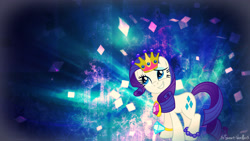 Size: 2000x1125 | Tagged: safe, artist:flizzick, artist:xxstrawberry-rosexx, rarity, pony, unicorn, beads, crown, female, mare, necklace, ring, smiling, solo, vector, wallpaper