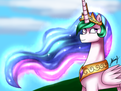 Size: 1600x1200 | Tagged: safe, artist:brightcrystaldark, princess celestia, alicorn, pony, crown, female, mare, solo, white coat, white wings, wings