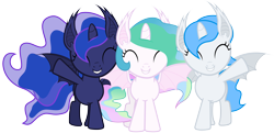 Size: 6000x2900 | Tagged: safe, artist:magister39, princess celestia, princess luna, oc, oc:white flare, alicorn, bat pony, bat pony alicorn, pony, absurd resolution, alicorn oc, bat pony oc, batlestia, celestibat, cewestia, cute little fangs, eyes closed, fangs, filly, grin, lunabat, race swap, raised hoof, royal sisters, siblings, simple background, sisters, smiling, sunbat, transparent background, trio, vector, waving, woona