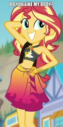 Size: 600x1196 | Tagged: safe, edit, edited screencap, screencap, sunset shimmer, better together, equestria girls, forgotten friendship, belly button, clothes, image macro, meme, sunset selfie, swimsuit